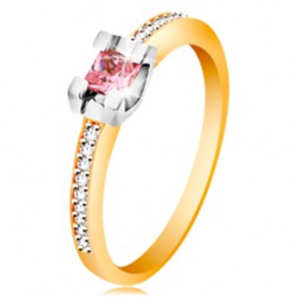 Šperky eshop Zlatý 14K prsteň - trblietavé ramená, okrúhly ružový zirkón v kotlíku z bieleho zlata - Veľkosť: 49 mm