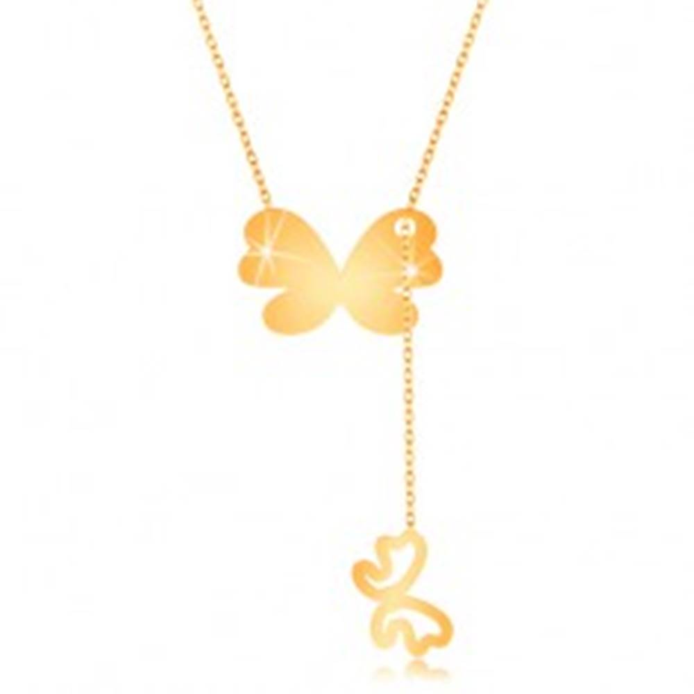 Šperky eshop Zlatý 9K náhrdelník - väčší motýľ s visiacim obrysom menšieho motýlika
