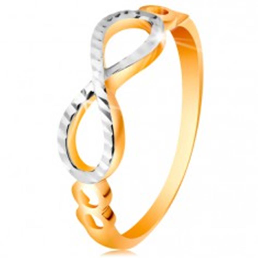 Šperky eshop Zlatý prsteň 585 - symbol nekonečna zdobený bielym zlatom a zárezmi - Veľkosť: 49 mm