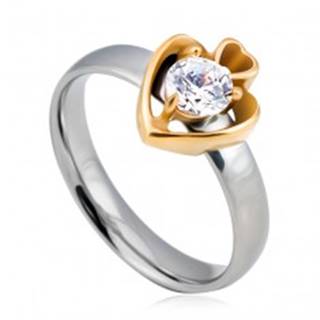 Oceľový prsteň, kruh striebornej farby a dve srdcia zlatej farby so zirkónom - Veľkosť: 49 mm