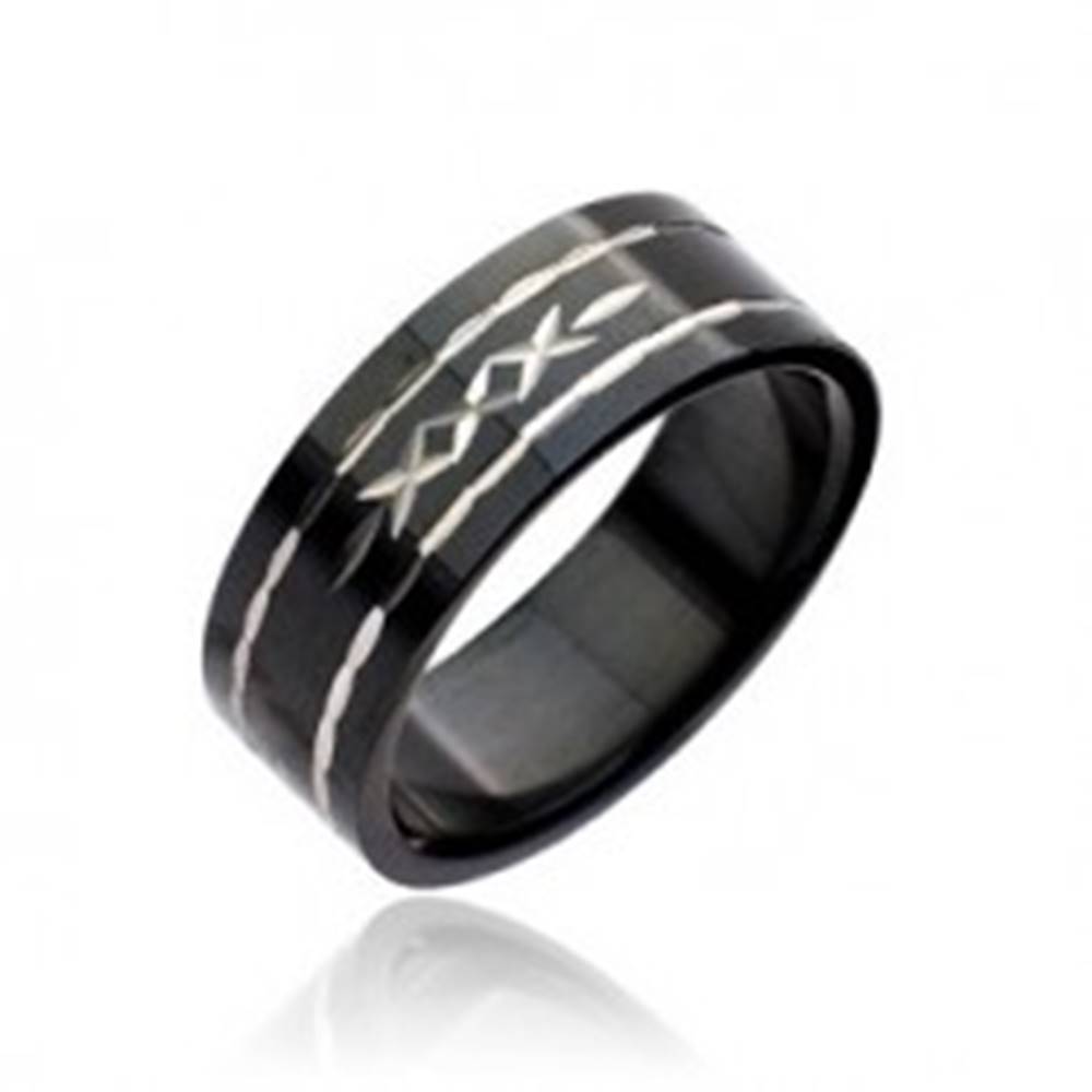 Šperky eshop Čierny prsteň z ocele - vyryté krížiky - Veľkosť: 48 mm