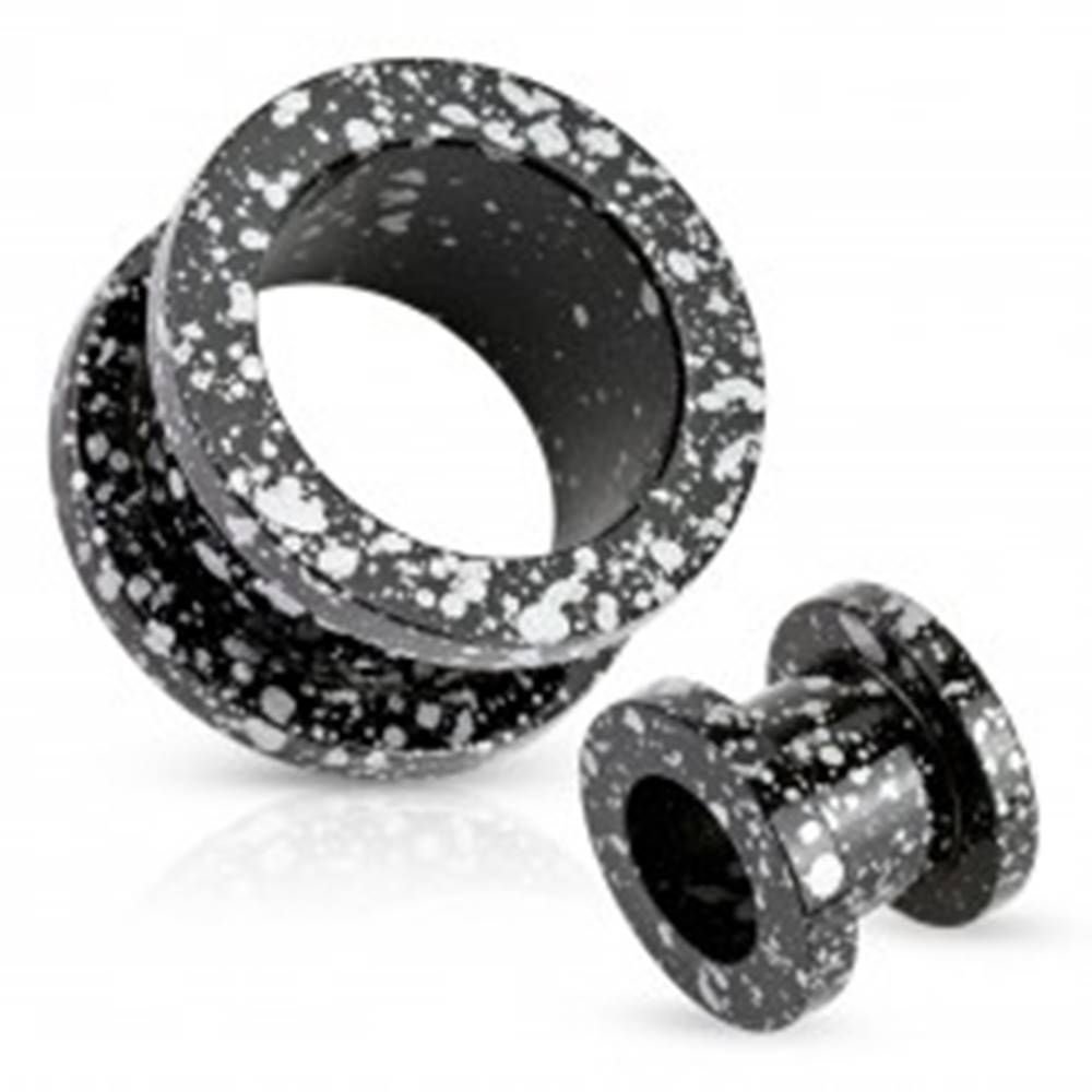 Šperky eshop Čierny tunel z ocele 316L, nepravidelne pofŕkaný bielou farbou - Hrúbka: 10 mm