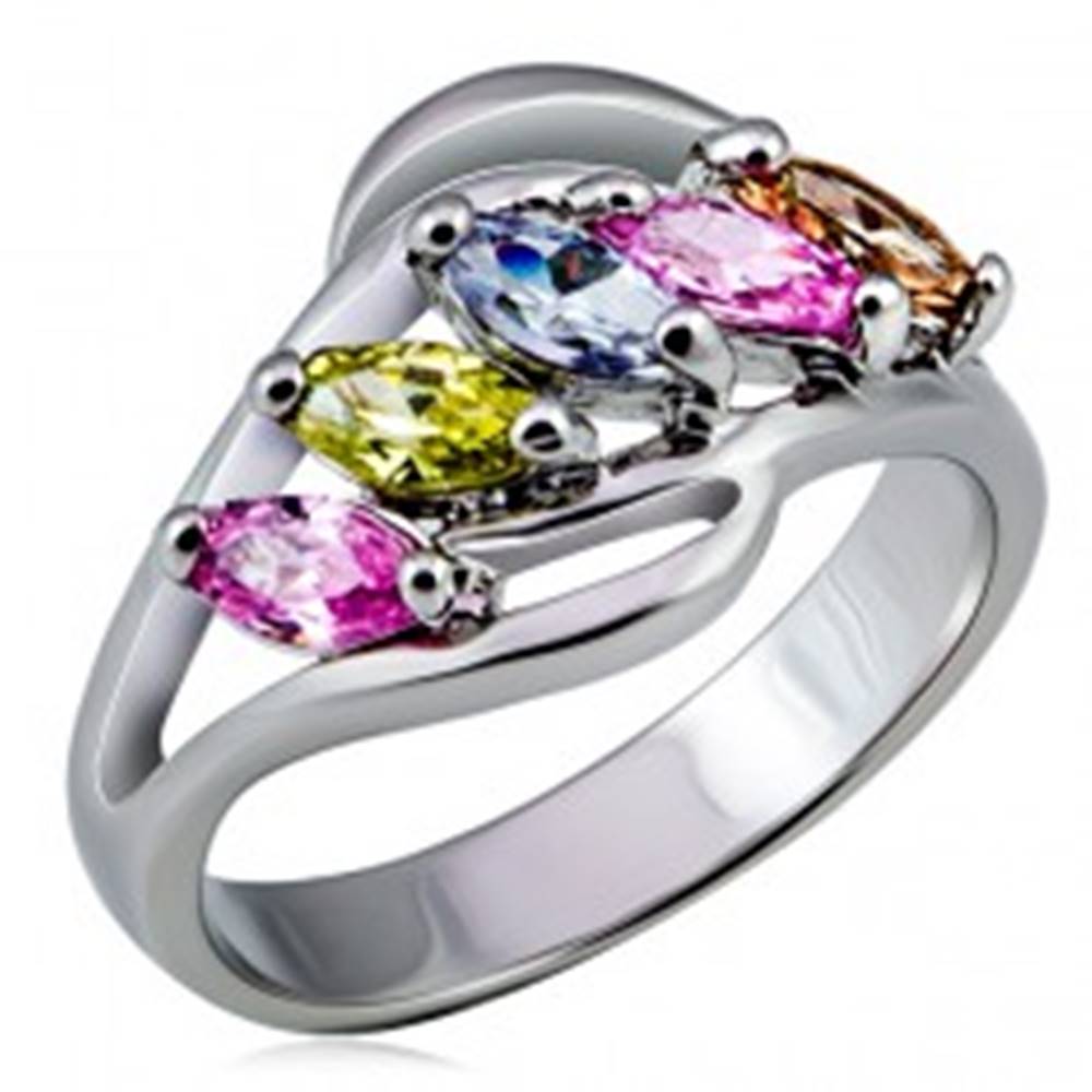 Šperky eshop Kovový prsteň, rozvetvené ramená s farebnými zirkónmi v rade - Veľkosť: 48 mm