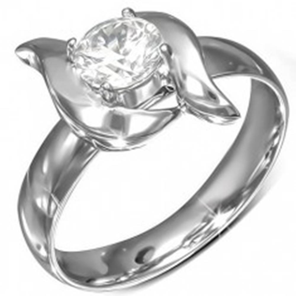 Šperky eshop Lesklý prsteň z ocele, ozdobné vlnky, brúsený zirkón v kotlíku - Veľkosť: 49 mm