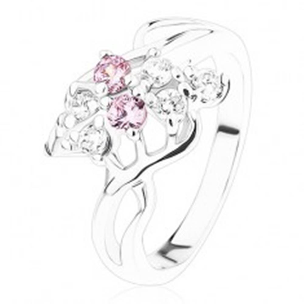 Šperky eshop Ligotavý prsteň, strieborná farba, mašlička z ružových a čírych zirkónov - Veľkosť: 50 mm