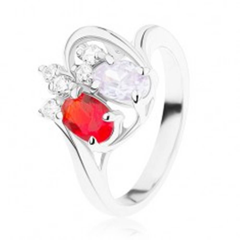 Šperky eshop Ligotavý prsteň z ocele, červený a fialový zirkónový ovál, číre zirkóniky - Veľkosť: 49 mm