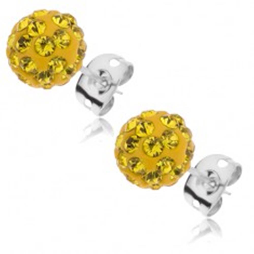 Šperky eshop Náušnice Shamballa, oceľová puzetka, gulička, žiarivo žlté zirkóny, 8 mm