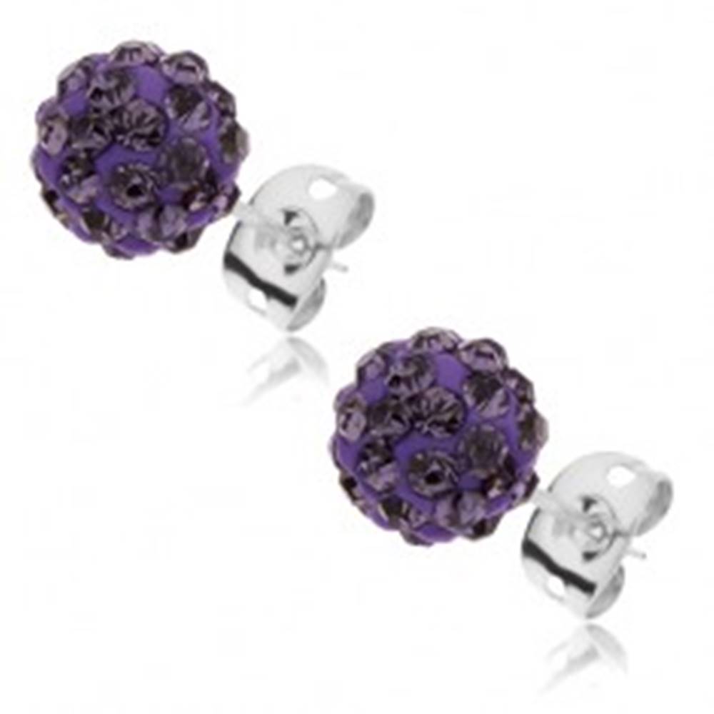 Šperky eshop Oceľové náušnice Shamballa - trblietavá fialová guľôčka so zirkónmi, 8 mm