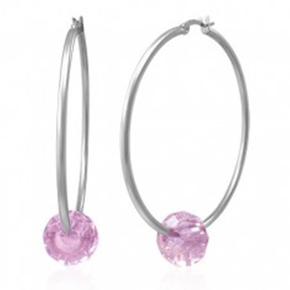 Šperky eshop Oceľové náušnice - veľké kruhy striebornej farby s ružovou brúsenou korálkou