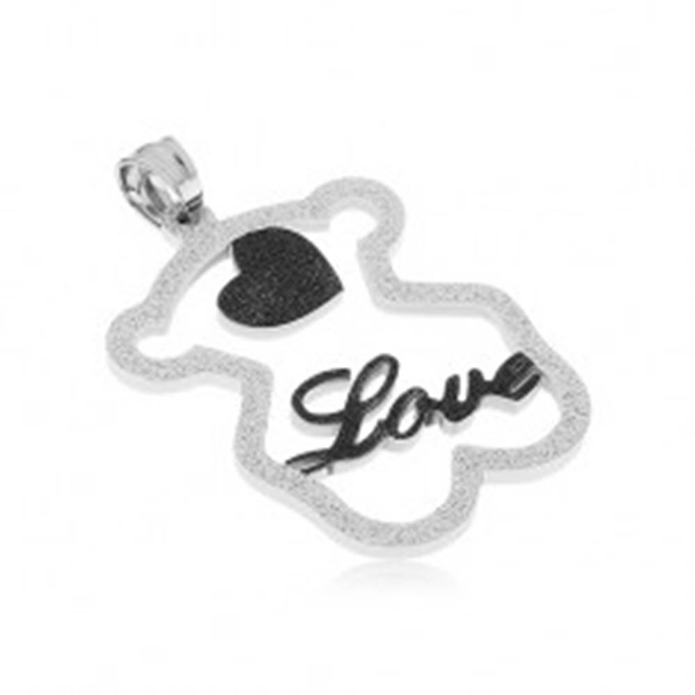 Šperky eshop Oceľový prívesok - trblietavá silueta medvedíka, čierne srdiečko, nápis "Love"