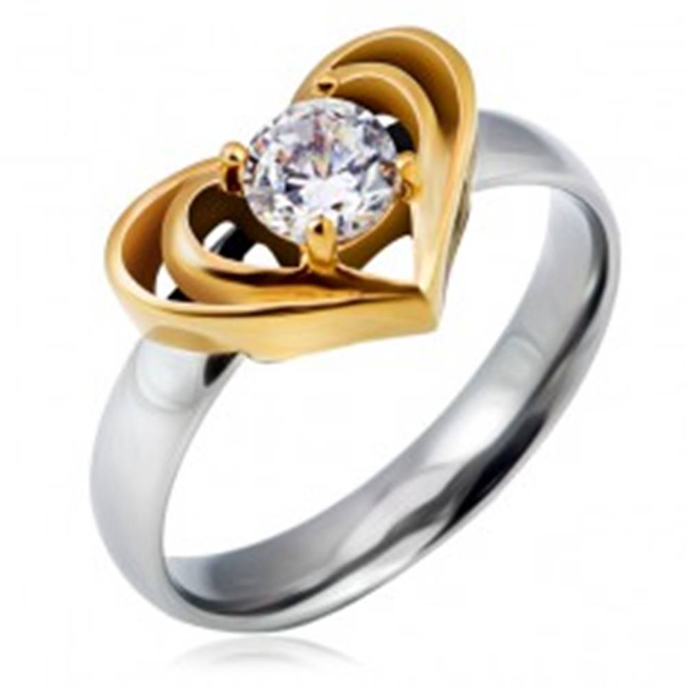 Šperky eshop Oceľový prsteň striebornej farby s dvojitým srdcom zlatej farby, číry zirkón - Veľkosť: 49 mm