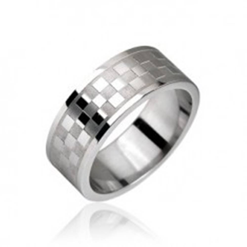 Šperky eshop Oceľový prsteň, vzor šachovnica - Veľkosť: 49 mm