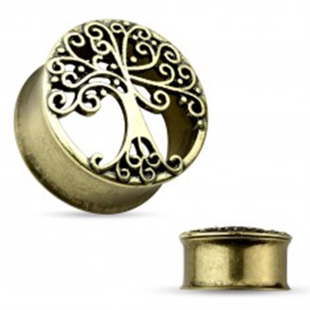 Šperky eshop Oceľový tunel do ucha zlatej farby, vyrezávaný košatý strom, čierna patina - Hrúbka: 10 mm