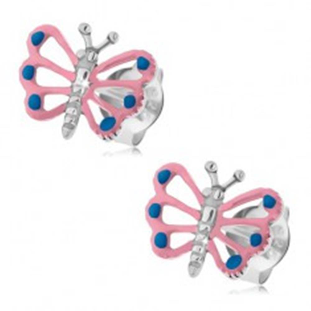 Šperky eshop Patinované náušnice, striebro 925, motýlik so svetloružovými krídlami, výrezy