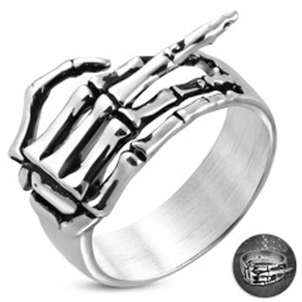 Šperky eshop Prsteň z chirurgickej ocele - kostra ruky so zdvihnutým prstom, patina - Veľkosť: 54 mm