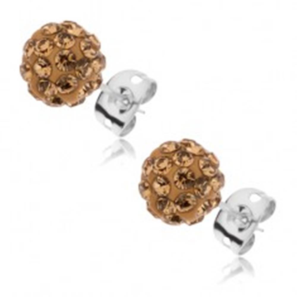 Šperky eshop Puzetové náušnice z ocele - trblietavé guličky s kamienkami zlatej farby, 8 mm