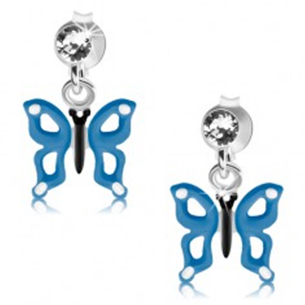 Šperky eshop Strieborné náušnice 925, modro-biely motýlik s výrezmi na krídlach, krištáľ