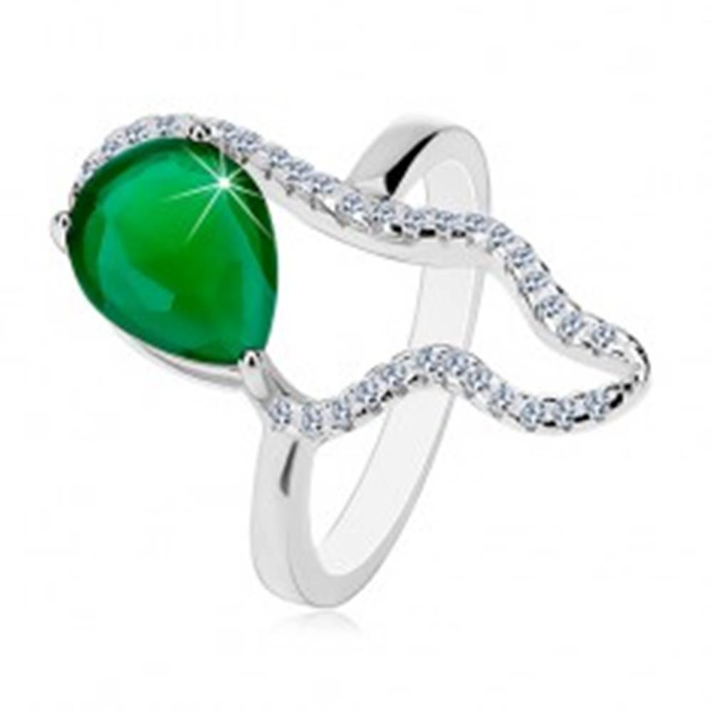 Šperky eshop Strieborný 925 prsteň - veľká zelená slza zo zirkónu, číra asymetrická kontúra - Veľkosť: 50 mm