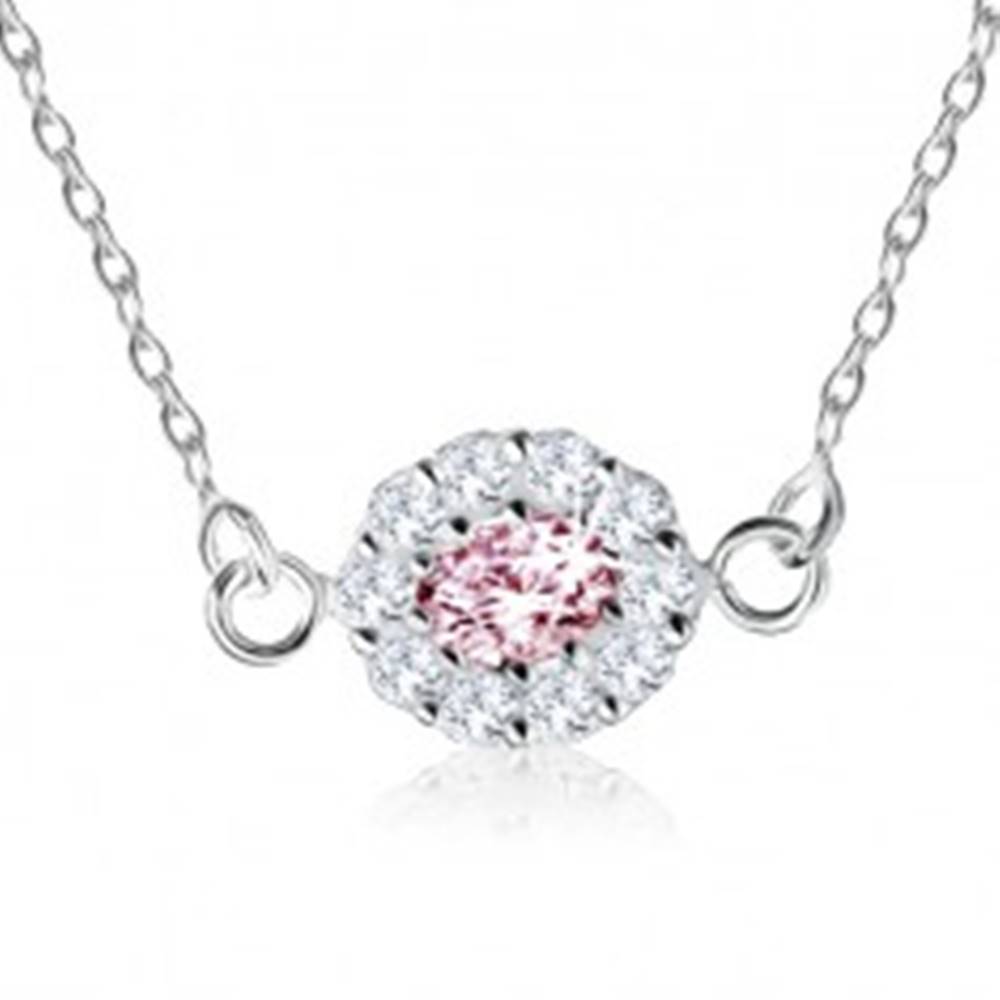 Šperky eshop Strieborný náhrdelník 925, ružový zirkónový ovál lemovaný čírymi kamienkami