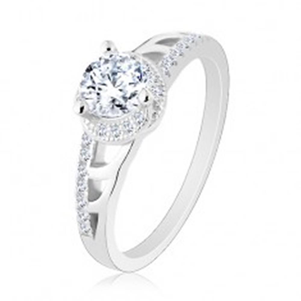 Šperky eshop Zásnubný prsteň, striebro 925, trblietavé ramená s výrezmi, okrúhly zirkón - Veľkosť: 50 mm