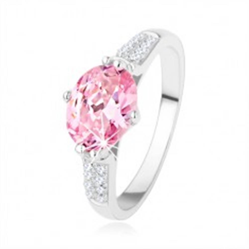 Šperky eshop Zásnubný strieborný prsteň 925, oválny ružový zirkón, číre drobné zirkóniky - Veľkosť: 48 mm