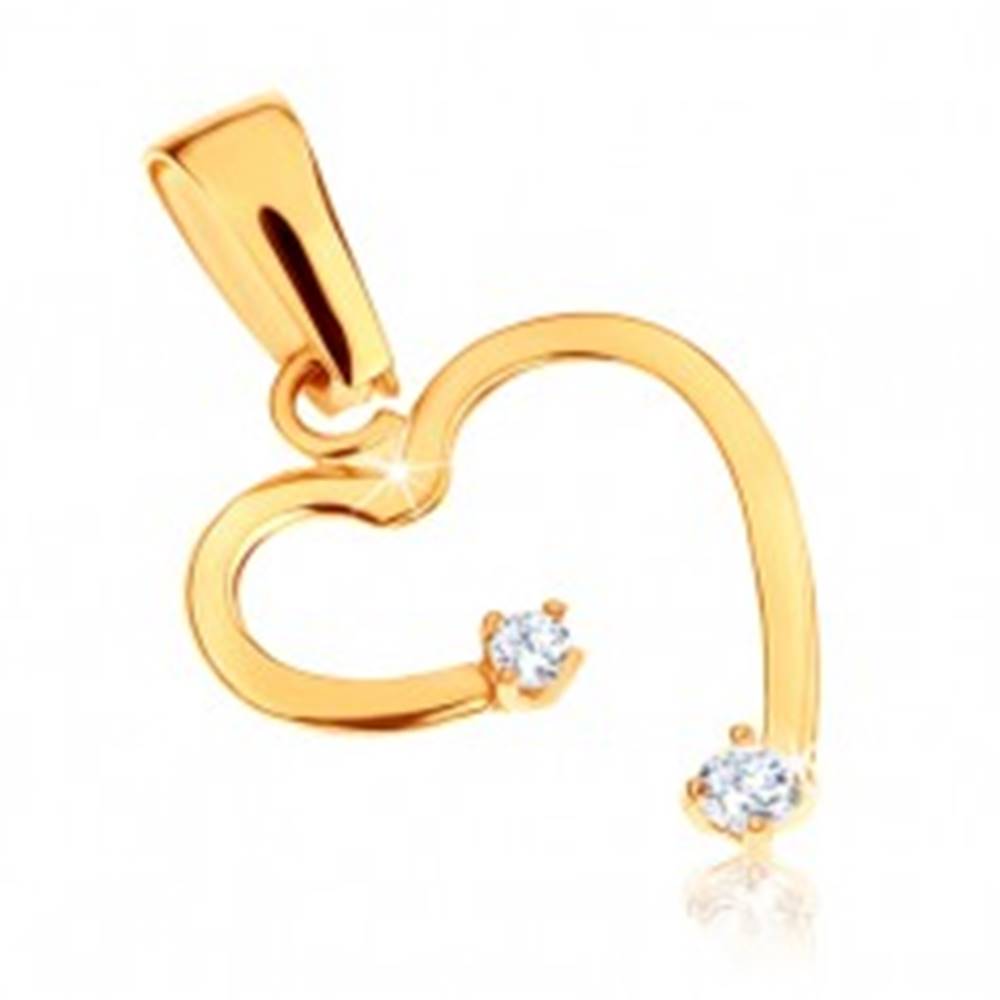 Šperky eshop Zlatý prívesok 375 - nepravidelný obrys srdca, kamienky čírej farby