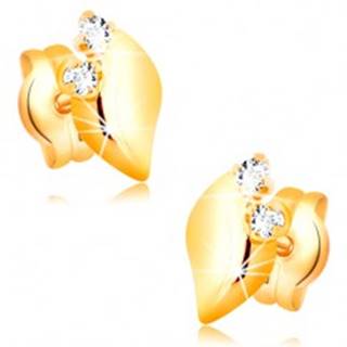 Diamantové náušnice zo žltého 14K zlata - dva číre brilianty, lesklý lístoček