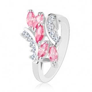 Lesklý prsteň striebornej farby, ružové zirkónové zrnká, číre zirkóniky - Veľkosť: 49 mm