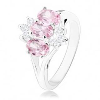 Lesklý prsteň v striebornom odtieni, ružové zirkónové ovály, číre zirkóniky - Veľkosť: 51 mm