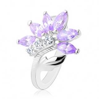 Ligotavý prsteň v striebornej farbe, svetlofialový kvet, lesklý list - Veľkosť: 48 mm