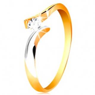 Zlatý prsteň 585 - okrúhly číry zirkón, dvojfarebné a zvlnené ramená - Veľkosť: 50 mm