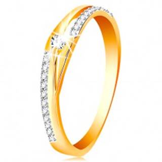 Zlatý prsteň 585 - rozdelené línie ramien, trblietavé pásy a číry zirkón - Veľkosť: 51 mm