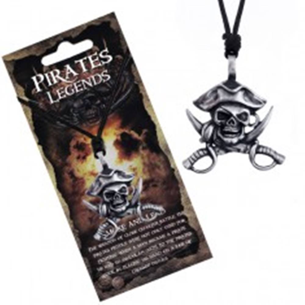 Šperky eshop Čierny náhrdelník - kovová lebka piráta s klobúkom a mečmi
