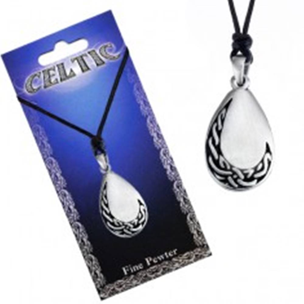 Šperky eshop Čierny šnúrkový náhrdelník - hladká kovová slzička a keltský uzol