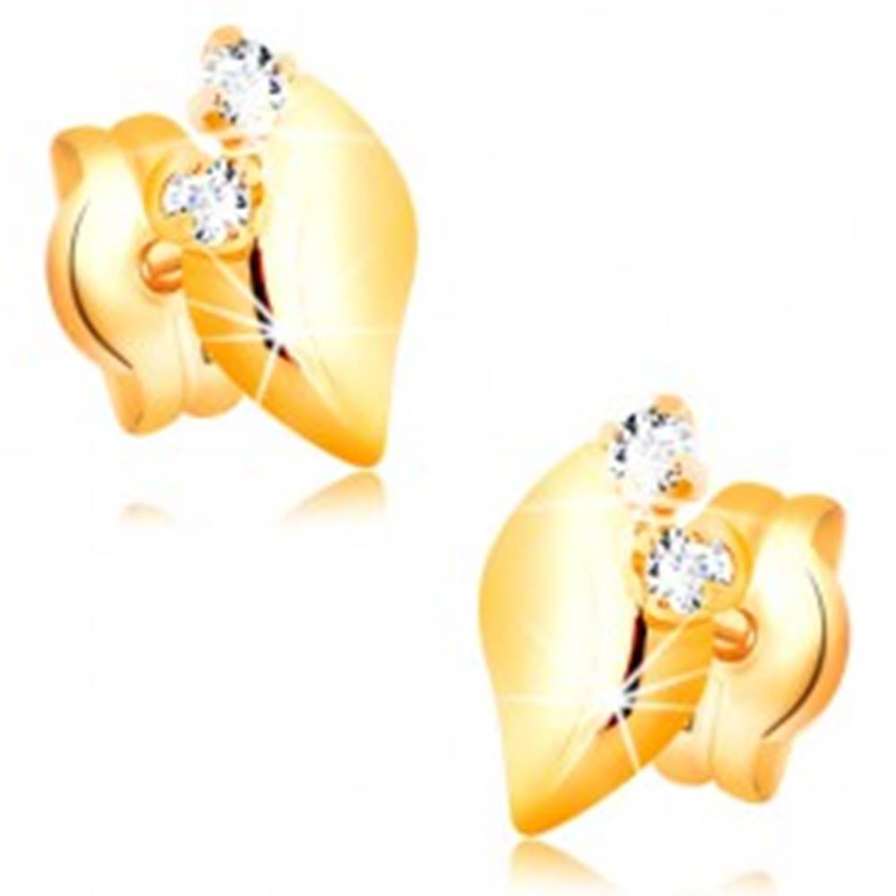 Šperky eshop Diamantové náušnice zo žltého 14K zlata - dva číre brilianty, lesklý lístoček