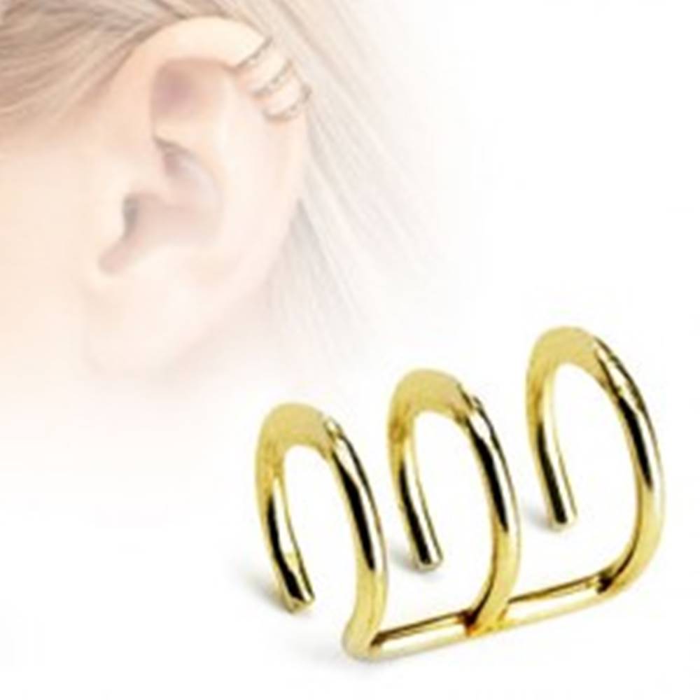 Šperky eshop Falošný oceľový piercing do chrupavky - tri krúžky v zlatom farebnom odtieni