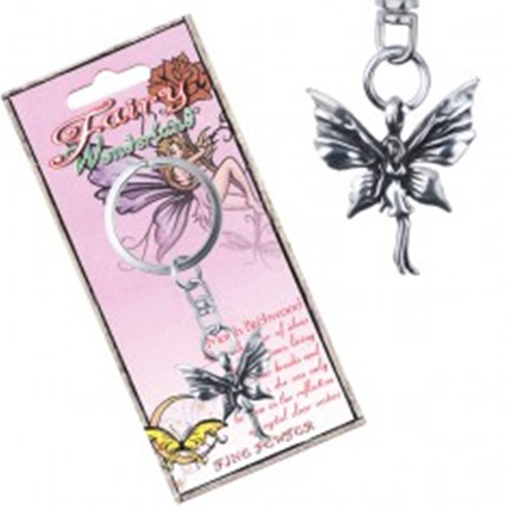 Šperky eshop Kovový prívesok na kľúče - stojaca motýlia víla s patinou
