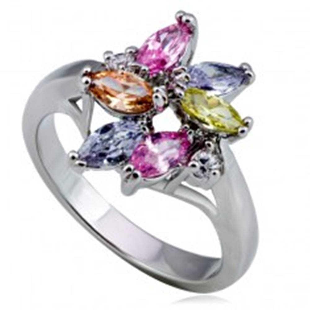 Šperky eshop Lesklý kovový prsteň - kvet, farebné slzičkové a okrúhle zirkóny - Veľkosť: 49 mm
