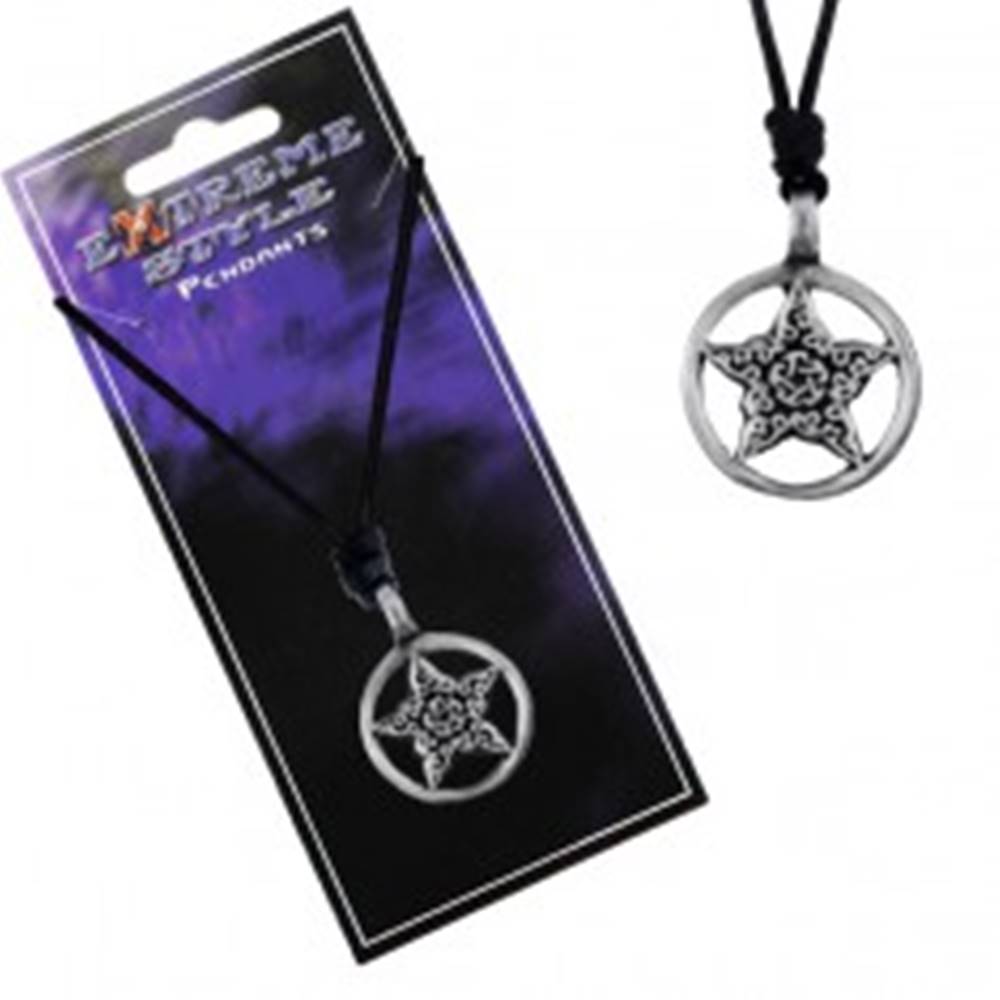 Šperky eshop Náhrdelník - čierna šnúrka, hviezda s ornamentmi v kruhu