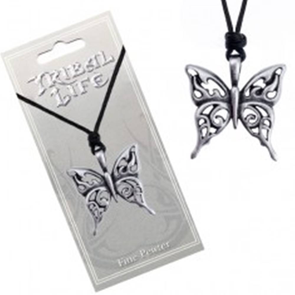 Šperky eshop Náhrdelník so šnúrkou - vyrezávaný patinovaný prívesok motýľa