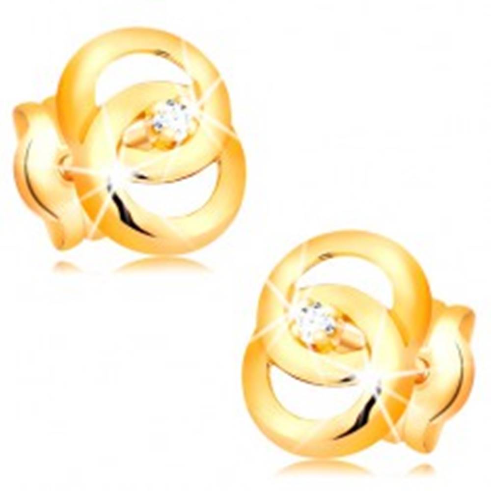 Šperky eshop Náušnice v žltom 14K zlate - dva prepojené prstence, briliant uprostred