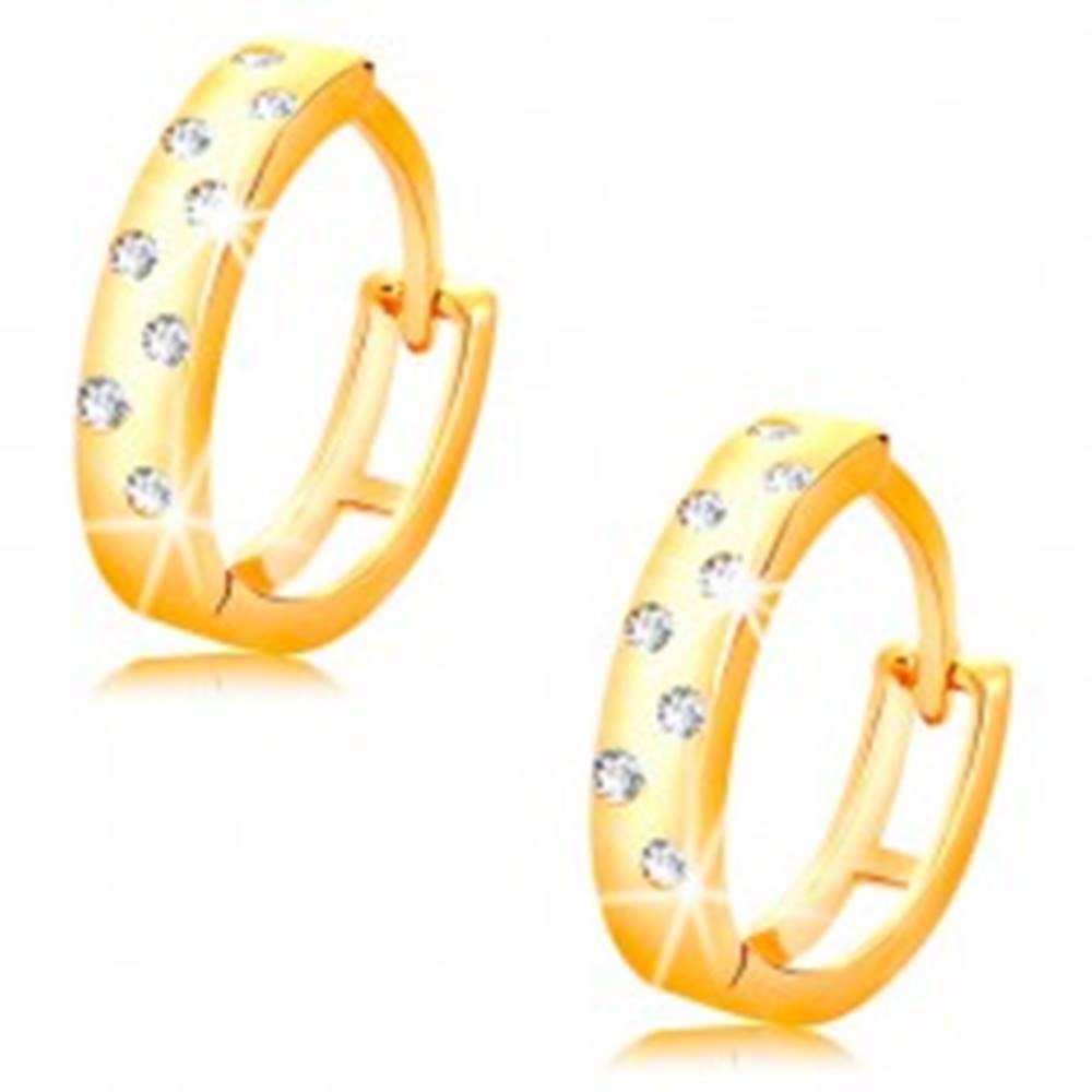 Šperky eshop Náušnice v žltom 14K zlate - lesklé krúžky posiate čírymi zirkónikmi
