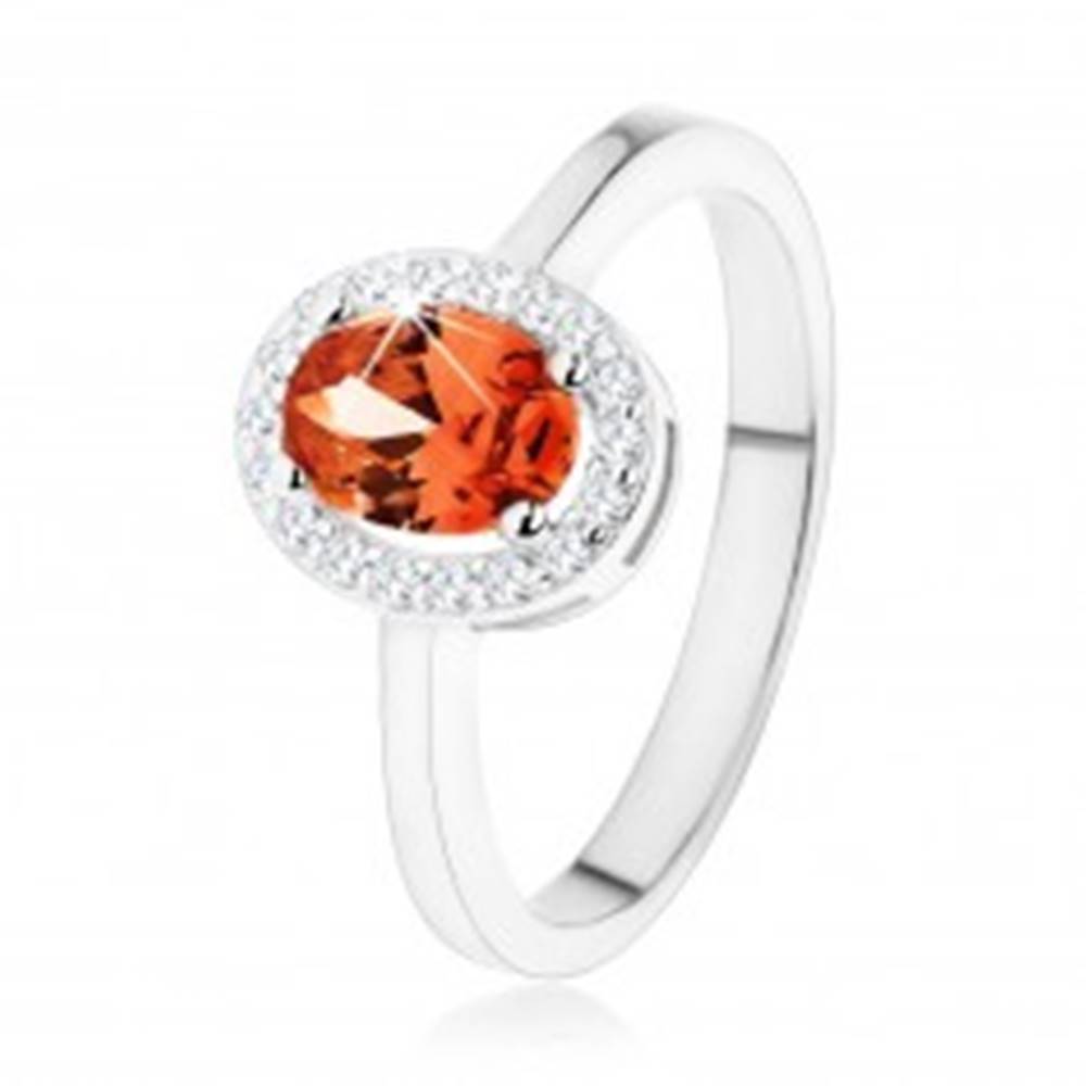 Šperky eshop Strieborný prsteň 925, tmavo oranžový oválny zirkón, číry ligotavý lem - Veľkosť: 48 mm