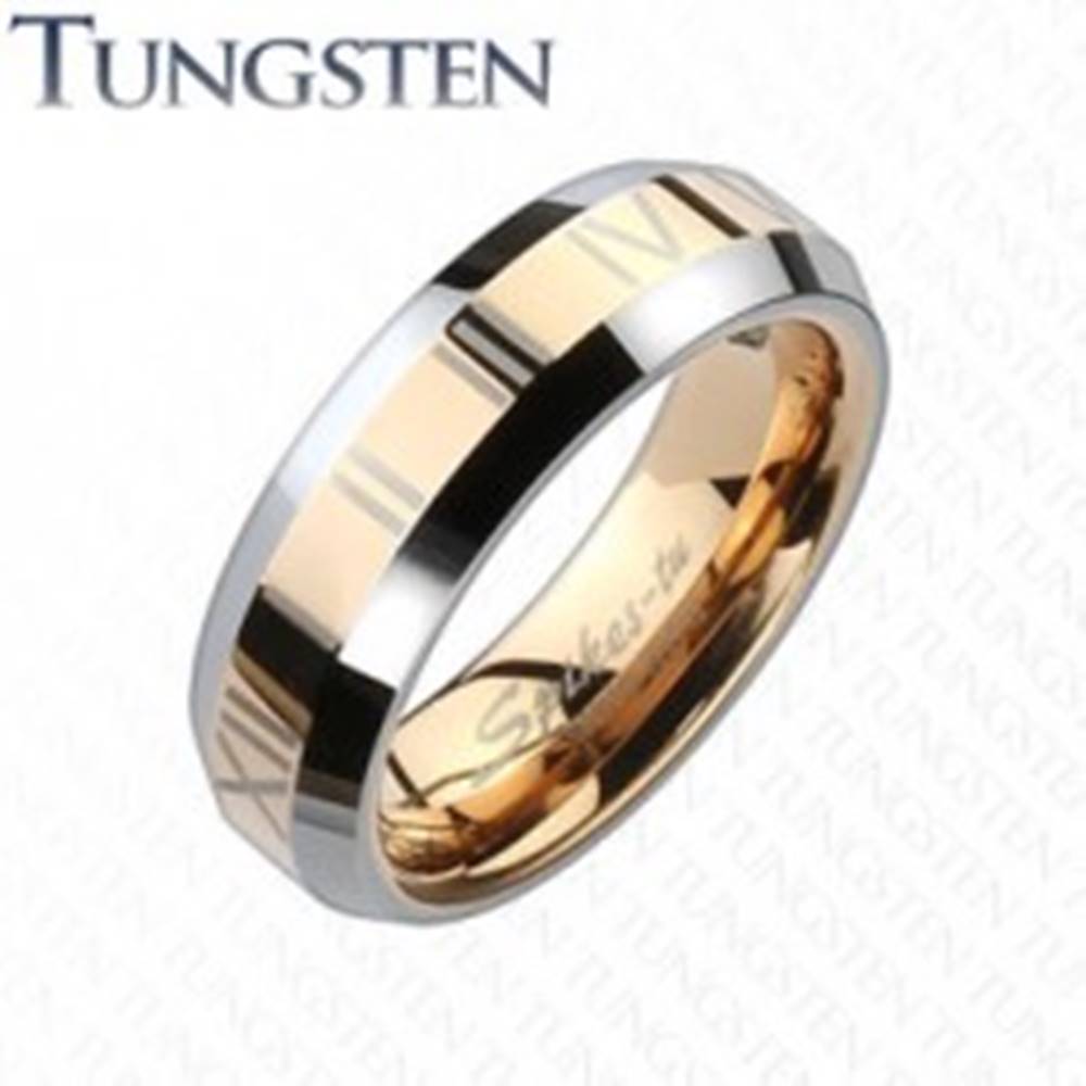 Šperky eshop Tungstenová obrúčka - pás medenej farby s rímskymi číslami - Veľkosť: 49 mm