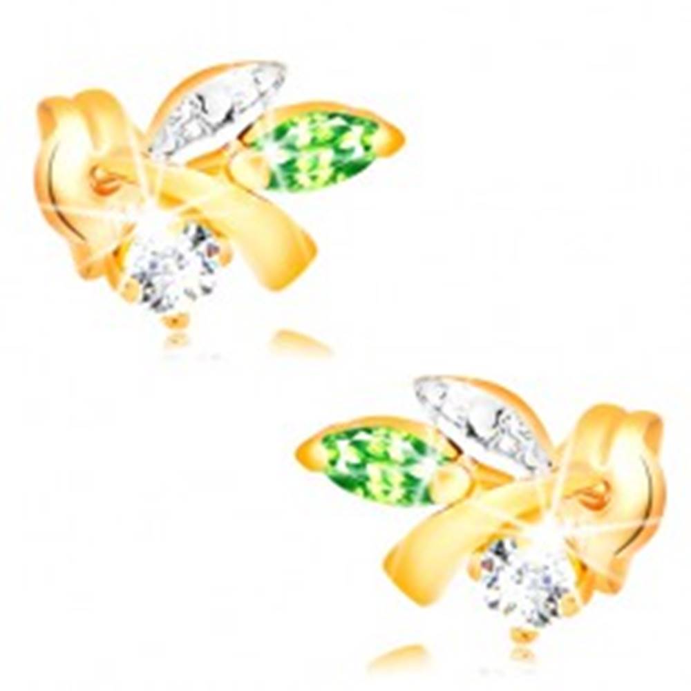 Šperky eshop Zlaté náušnice 585 - vetvička s listami, zelený smaragd, číry diamant