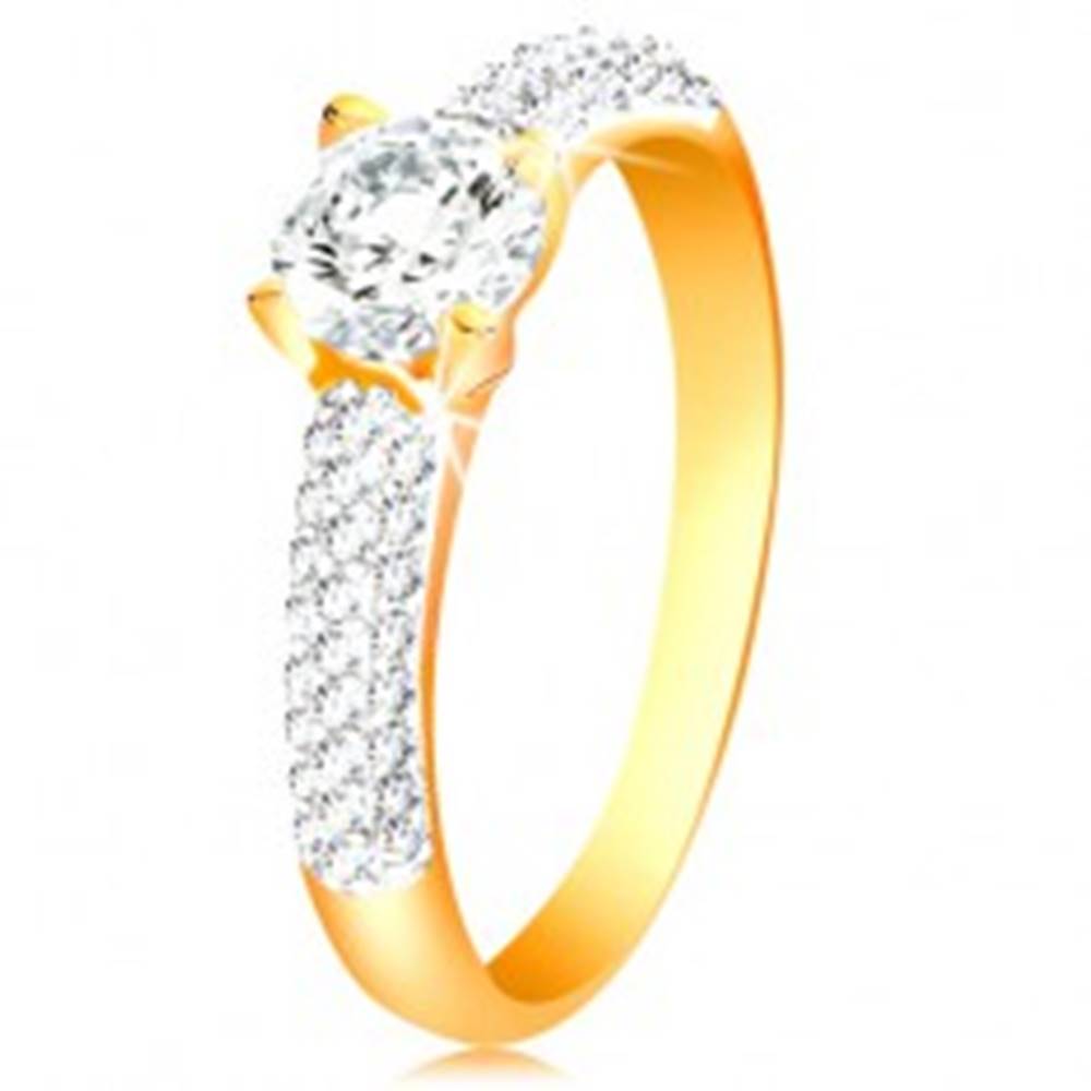 Šperky eshop Zlatý 14K prsteň - trblietavé ramená, vyvýšený okrúhly zirkón čírej farby - Veľkosť: 50 mm