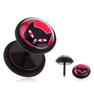 Čierny fake plug do ucha s PVD úpravou - oceľový, mačka s červenými očami