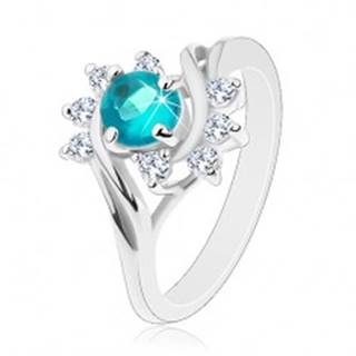 Lesklý prsteň v striebornej farbe, modrý okrúhly zirkón, číre oblúčiky - Veľkosť: 49 mm