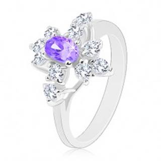 Ligotavý prsteň, strieborný odtieň, fialový zirkónový ovál, číre zirkóniky - Veľkosť: 52 mm