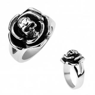 Patinovaný oceľový prsteň, ruža s lebkou v strede, rozdvojené ramená - Veľkosť: 57 mm